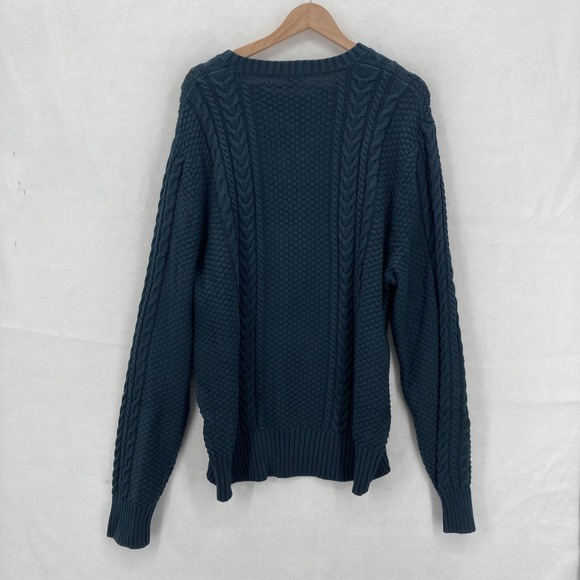 J. Peterman Sweater Mens XL Blue Cable Knit Crewneck Fisherman Cotton Chunky - Picture 9 of 10